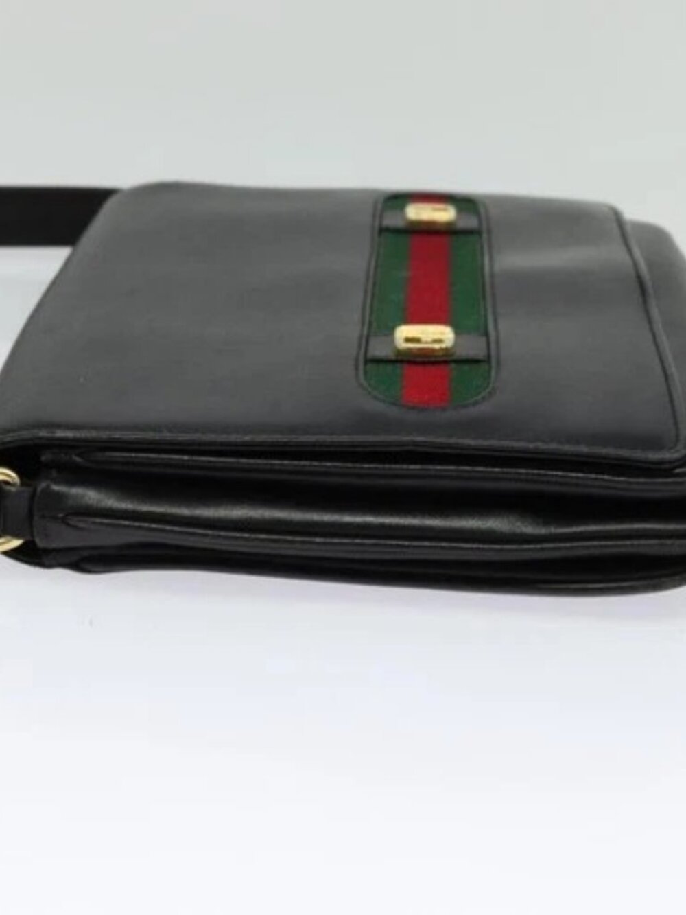 GUCCI Web Sherry Line Shoulder Bag Leather Black Gold Auth ep9327 - Picture 3 of 16
